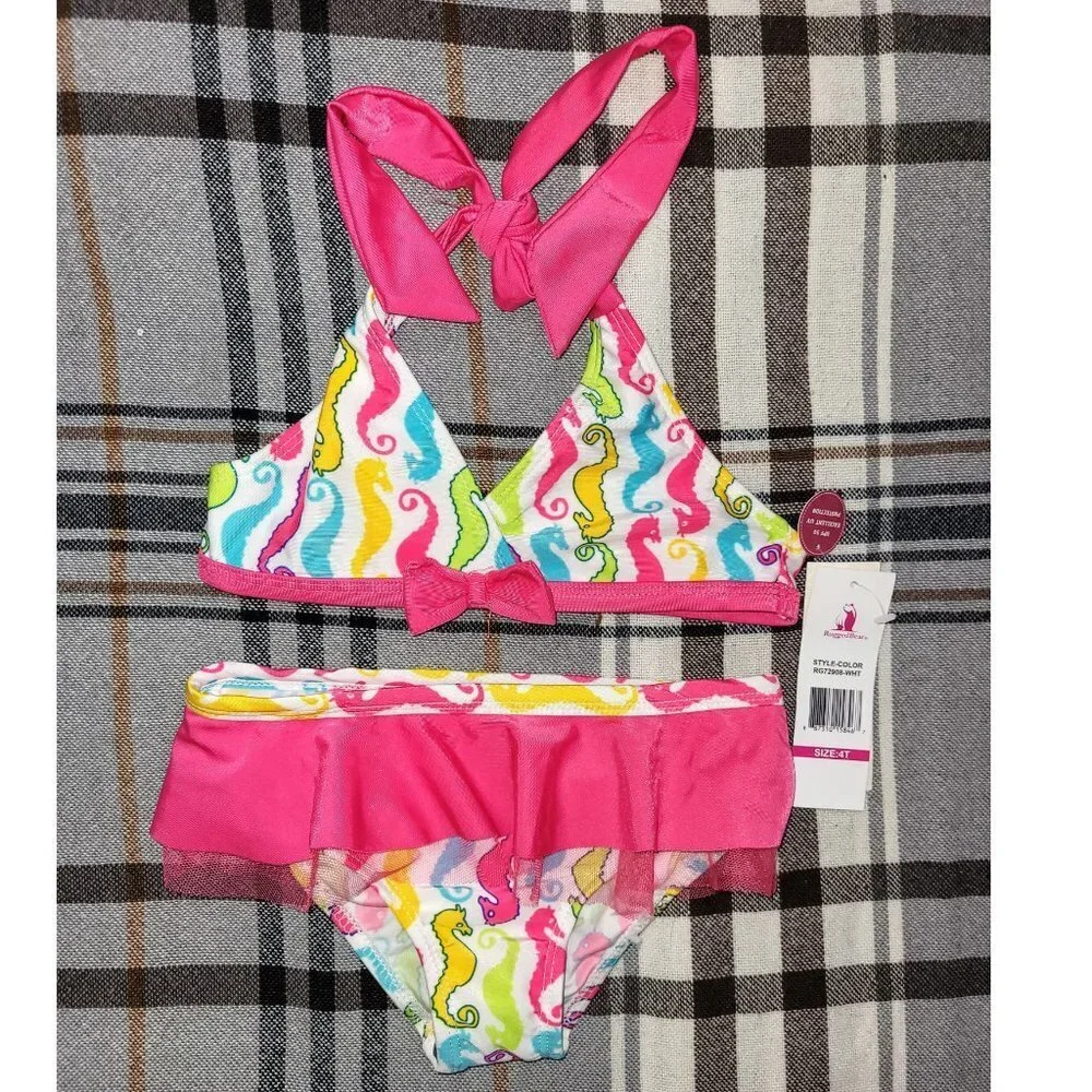 Girls Swim Suit Bikini, Pink Sea Horse Print with Ruffles, 4T